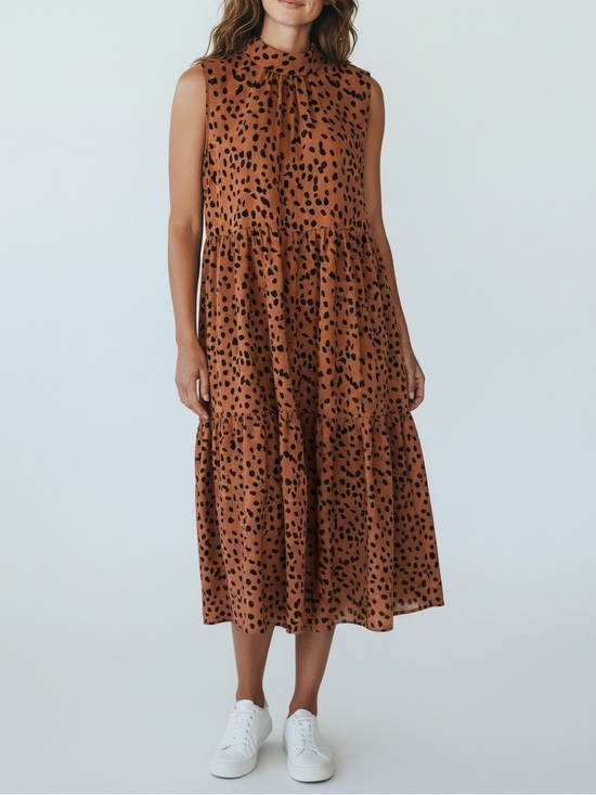 Calista Dresses & Skirts - Calista Leopard Print Dress Bow Tie Neck Sleeveless Tiered Quiet Luxury Y2K
